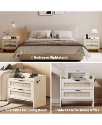 Boho Rattan Bedside Table with Type-C Charging Station, Nightstand with 2 Drawer Storage