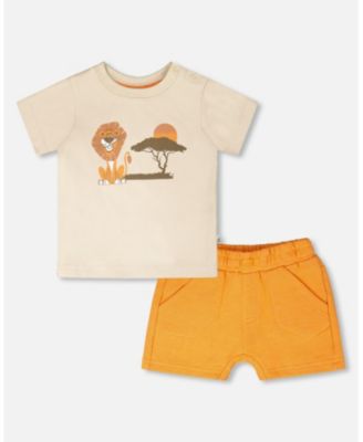 Baby Boys Cotton T-Shirt and Short Set Beige and Orange