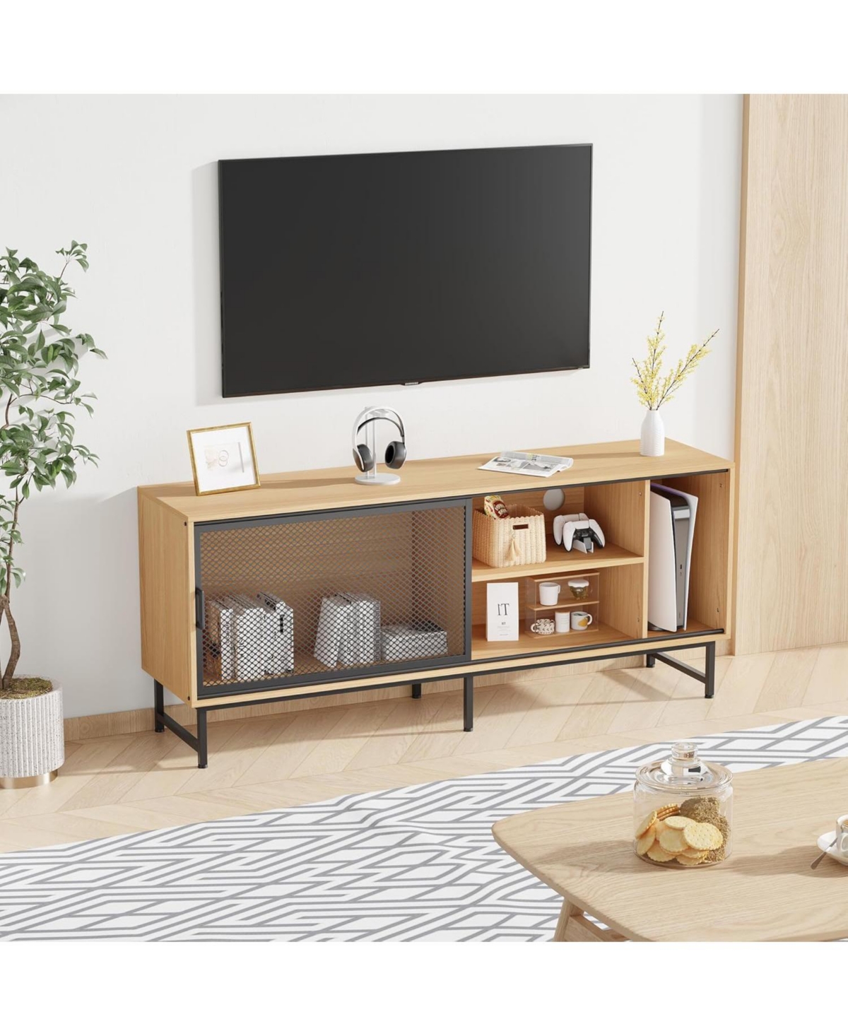 gaomon Tv Console Table with Metal Net Sliding Door, Up to 65" Tvs, Tv Stand with Storage & Metal Legs, Industrial TV Stands for Living Room
