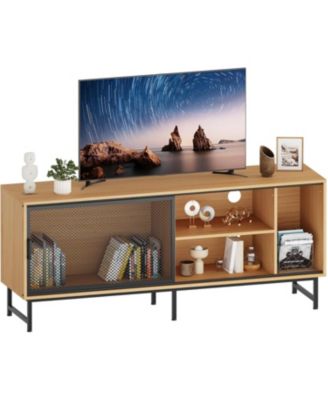 TV Console Table with Metal Net Sliding Door, Up to 65" TVs, TV Stand with Storage & Metal Legs, Industrial TV Stands for Living Room