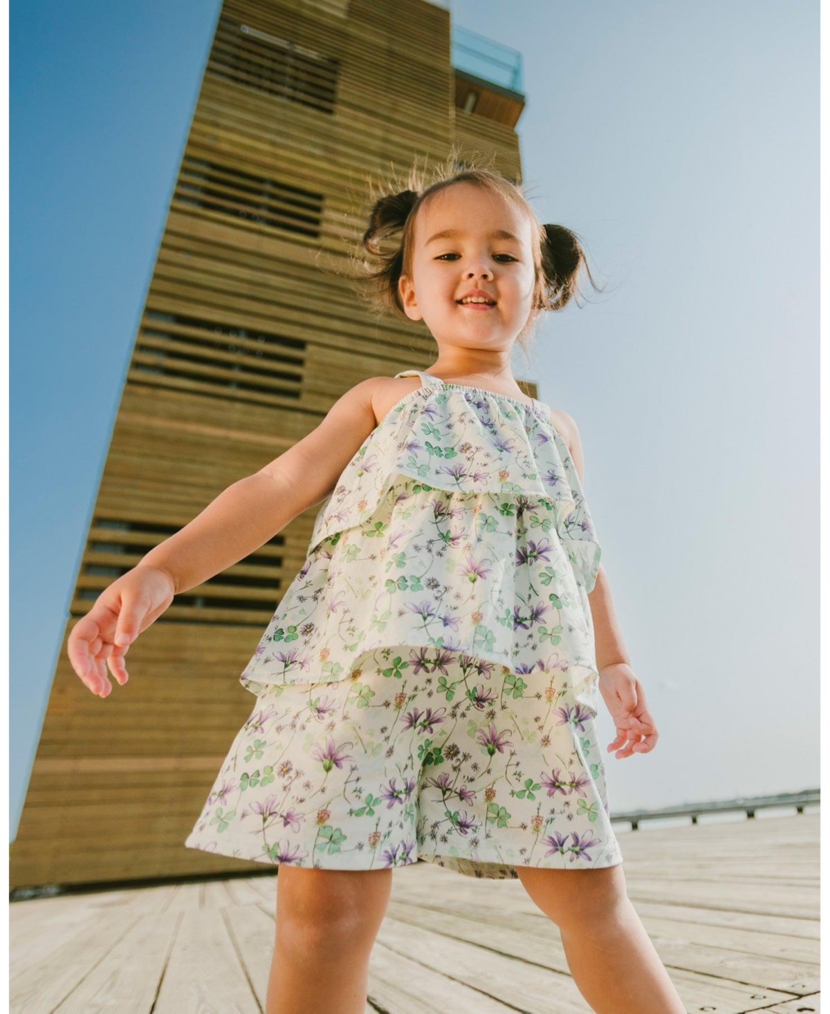 Deux par Toddler Girls Jersey Romper with Tiers Printed Flowers