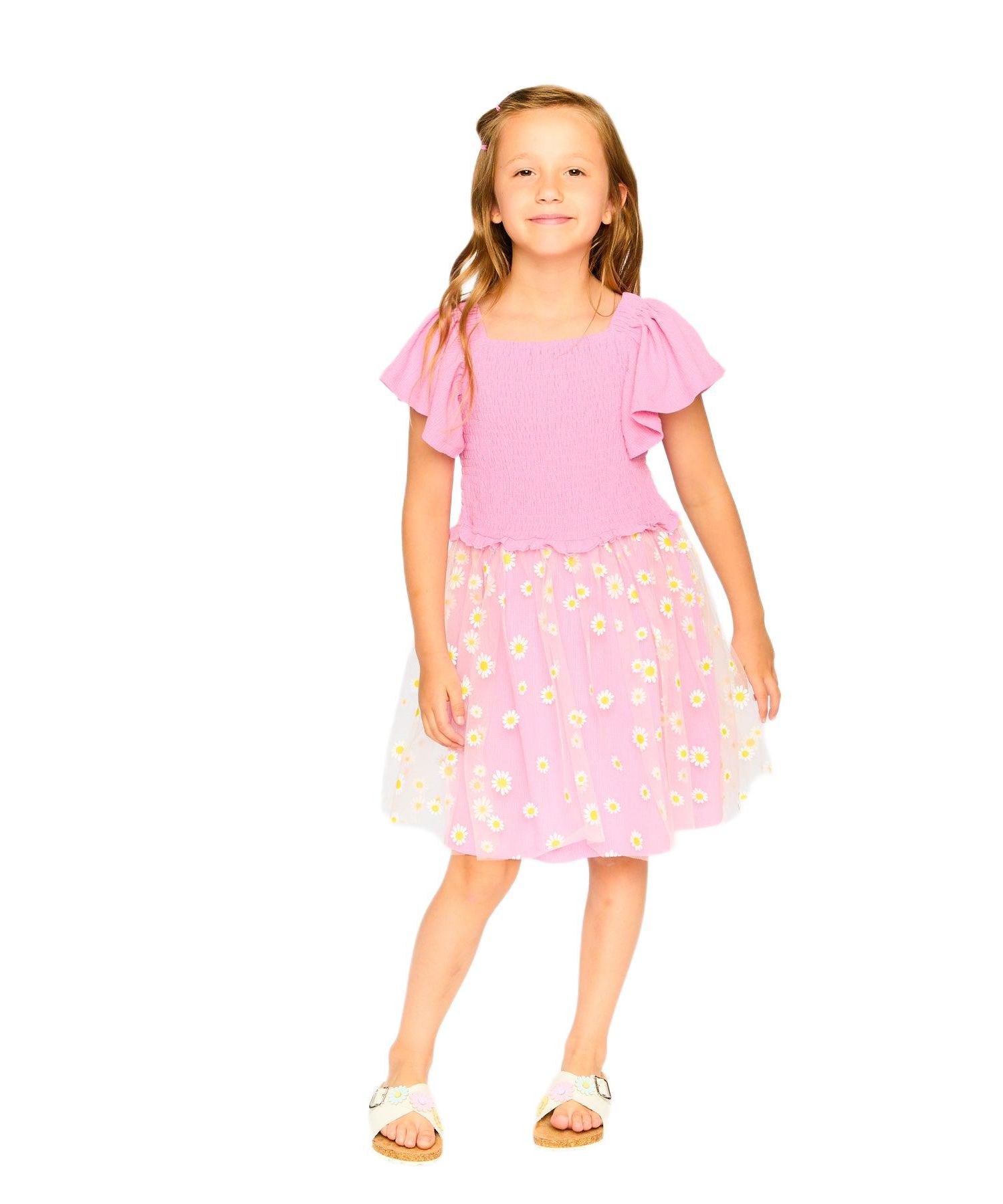 Girl Mesh and Crinkle Jersey Dress with Smocking Pink - Child