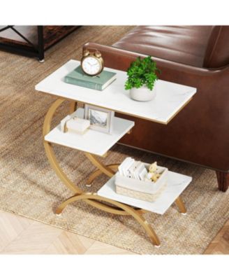25.59" Wood C-Shaped 3-Tier Side Table with Storage Shelves – Small End Table for Living Room