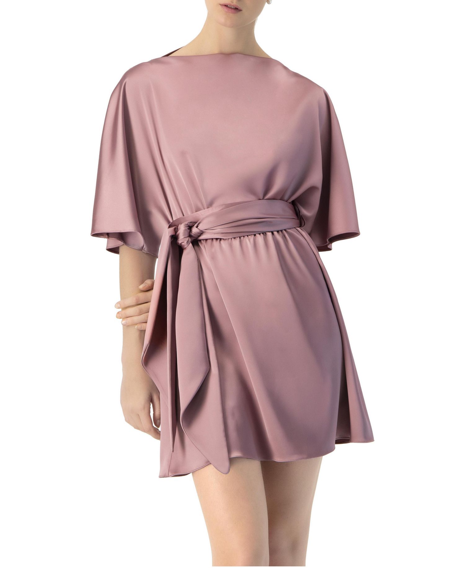 Women's Short Satin Dress with Waist Tie