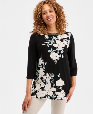 Women's Printed Embellished 3/4-Sleeve Boat-Neck Top