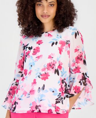 Petite Floral 3/4-Sleeve Ruffled-Cuff Blouse