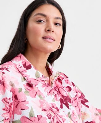 Plus Size Linen Floral-Print Flounce Shirtdress