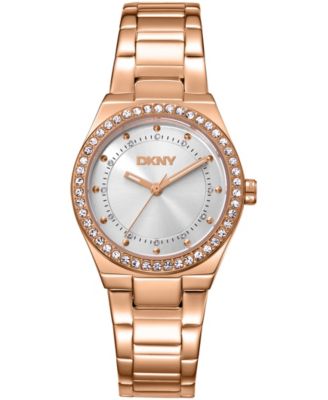 Women's Silver Dial Crystal Dial Markers Crystal Bezel Rose-Gold Tone Stainless Steel Bracelet Watch, 30mm