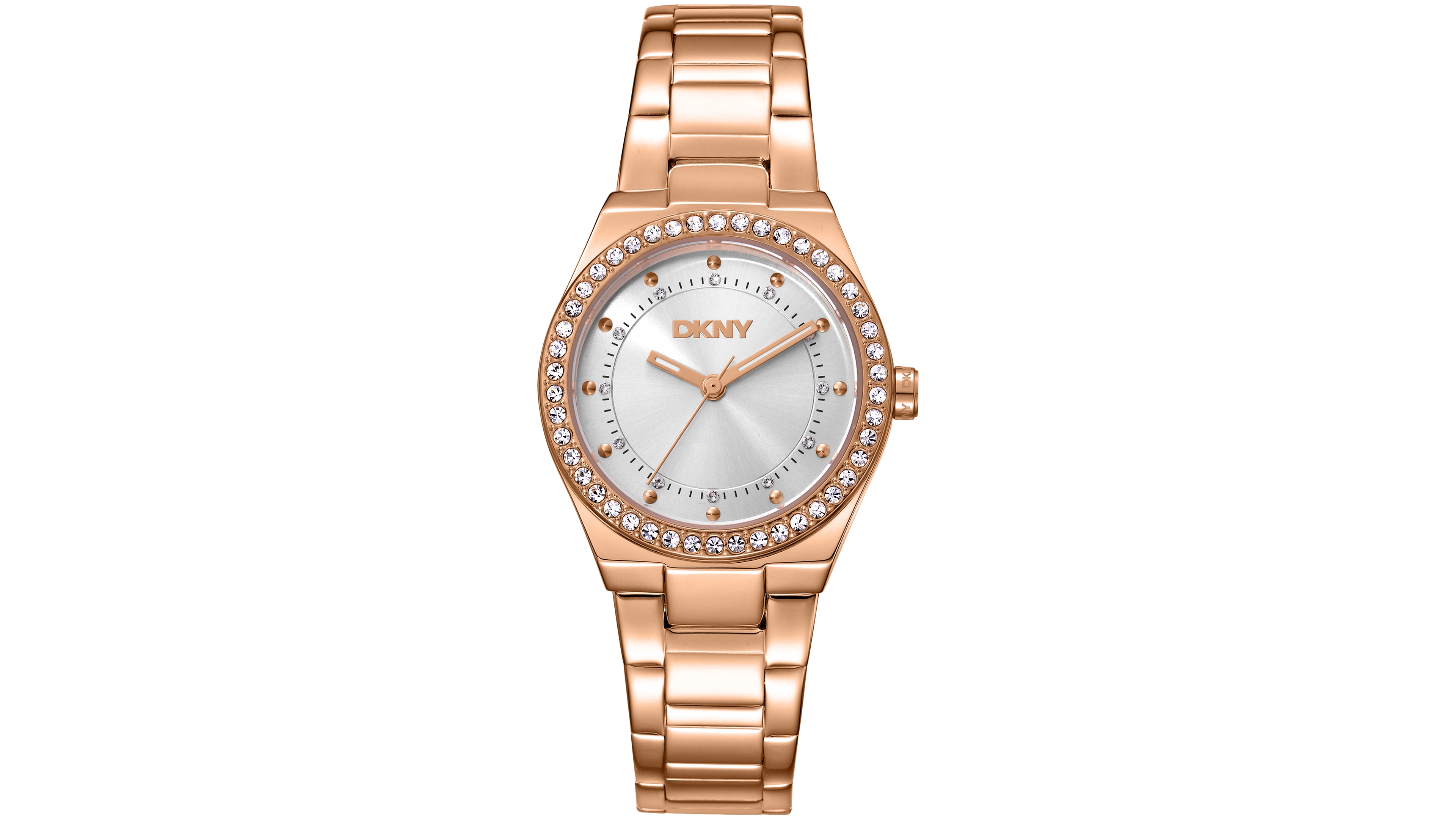 Dkny Women's Silver Dial Crystal Dial Markers Crystal Bezel Rose-Gold Tone Stainless Steel Bracelet Watch, 30mm