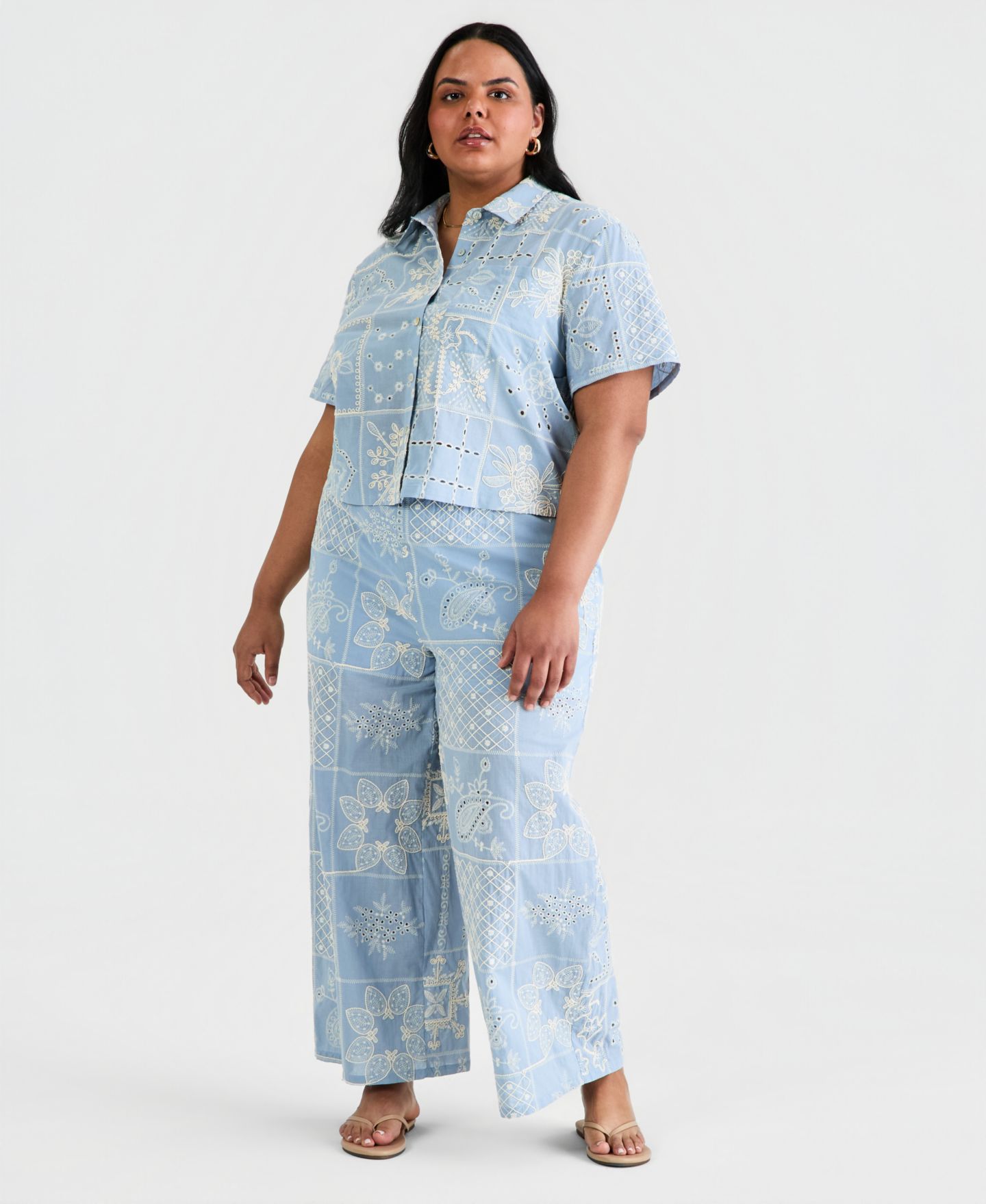 Женская рубашка And Now This Trendy Plus Size Embroidered Short-Sleeve Shirt, цвет: Синий — фото 2