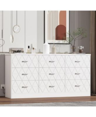 White 9 Drawer Dresser with USB Charging Station, Modern Wooden Storage Organizer for Bedroom Living Room Hallway