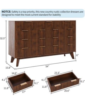 54" Wide 9 Drawer Dresser,Wooden Chest of Drawers with Fluted Wave Pattern, Metal Handles, Modern TV Stand with Curved Profile for Bedroom