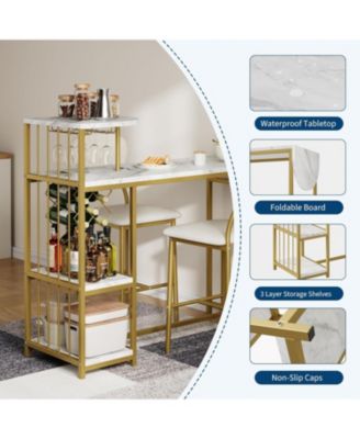 Expandable 3Pcs Dining Table Set for 2 – Space-Saving Bar Table & Chairs with Storage Shelves, Wine Rack – Ideal for Apartment, Kitchen