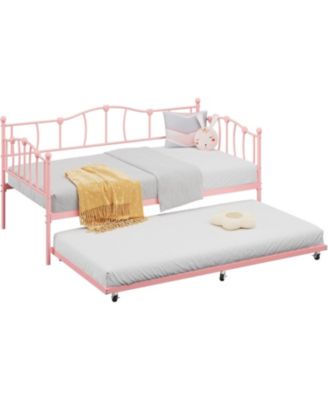 Twin Daybed with Trundle, Metal Sofa Bed Frame with Steel Slat Support, Twin Size Space-Saving Furniture for Living Room, Bedroom