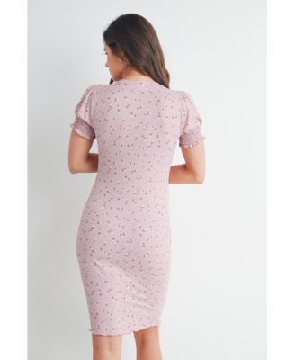 Maternity Floral Ribbed Mini Dress with Short Puff Sleeves