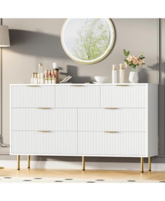 7 Drawer Dresser, 55" Wide Fluted Dresser with Drawers, Modern Wooden Double Dressers with Metal Handles for Living
