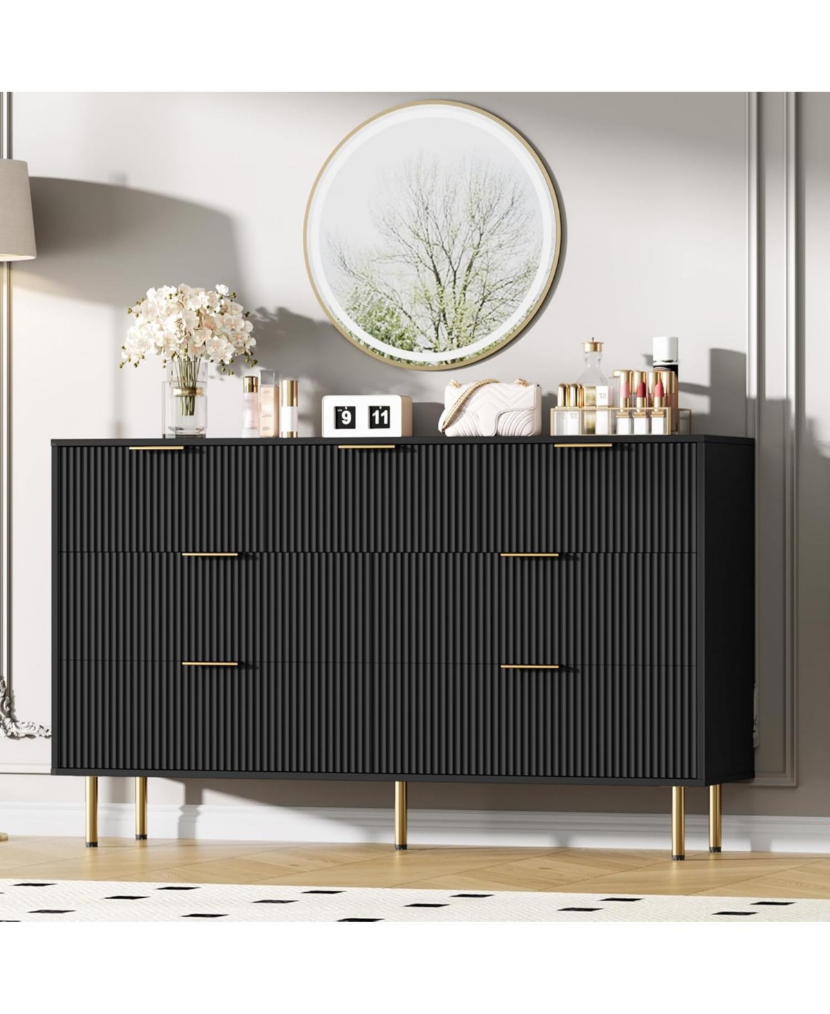gaomon 7 Drawer Dresser, 55" Wide Fluted Dresser with Drawers, Modern Wooden Double Dressers Metal Handles for Living