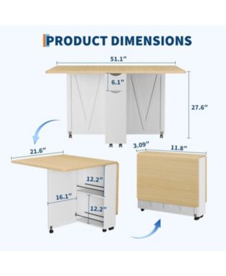 Space Saving Folding Dining Table with Storage - Kitchen Table with 6 Wheels, Drawer & Shelves, Compact Dining Table for Small Spaces