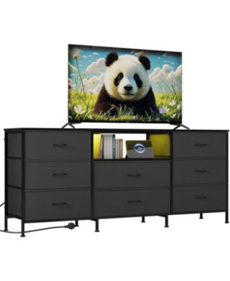 63" w LED TV Stand Dresser with 8 Fabric Drawers, Dressers & Chests of Drawers TV Stand with Storage, Steel Frame & LED Lighting