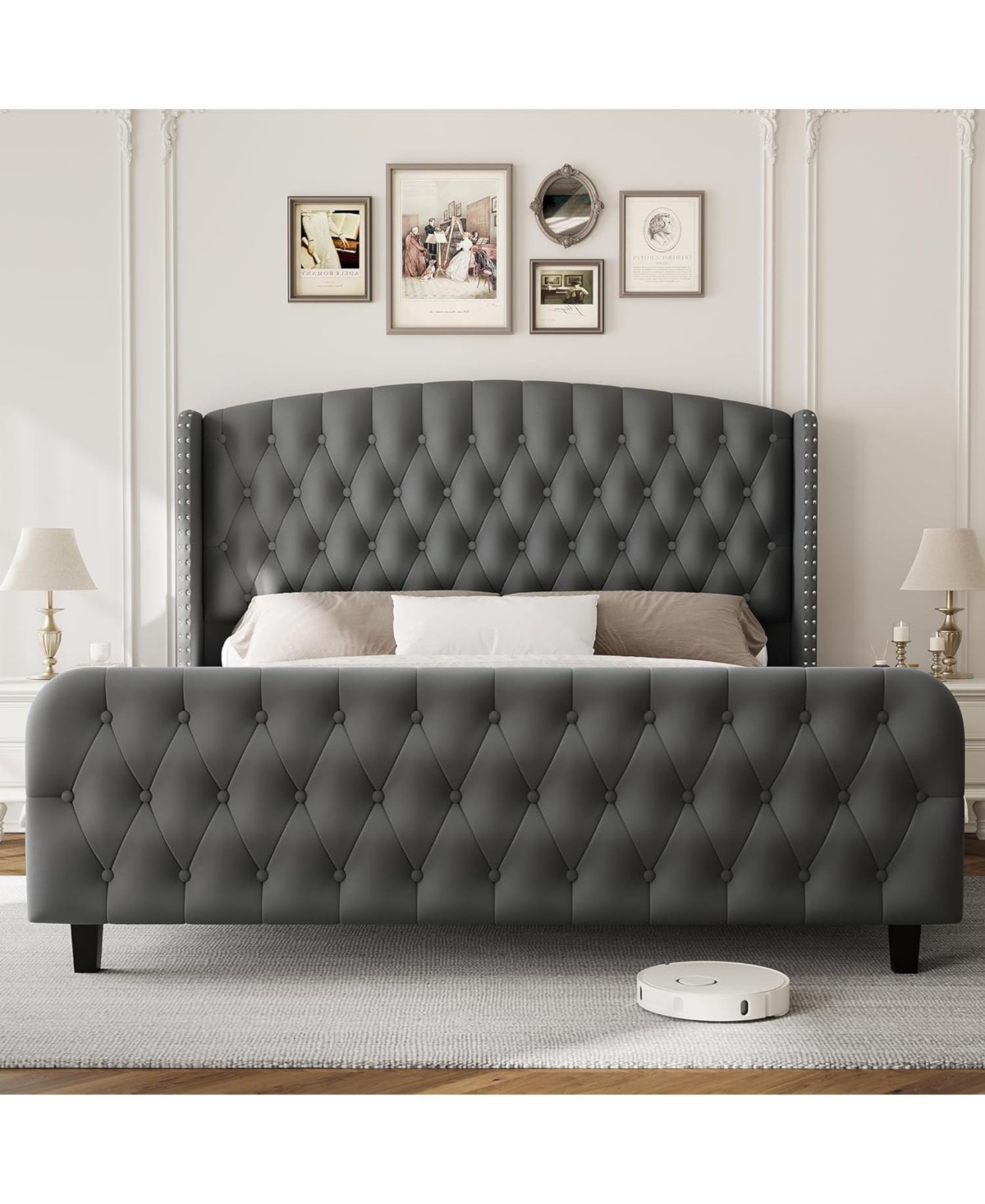 gaomon Queen Upholstered Deep Button Tufted Noise Free Wood Slat Platform Bed with Tall Wingback Headboard
