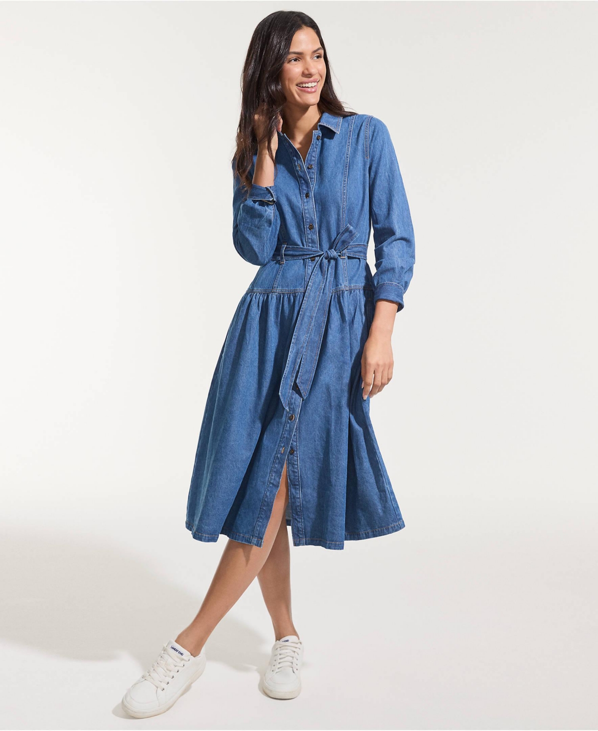 Lands' End Women's Denim Button Front Midi Shirt Dress