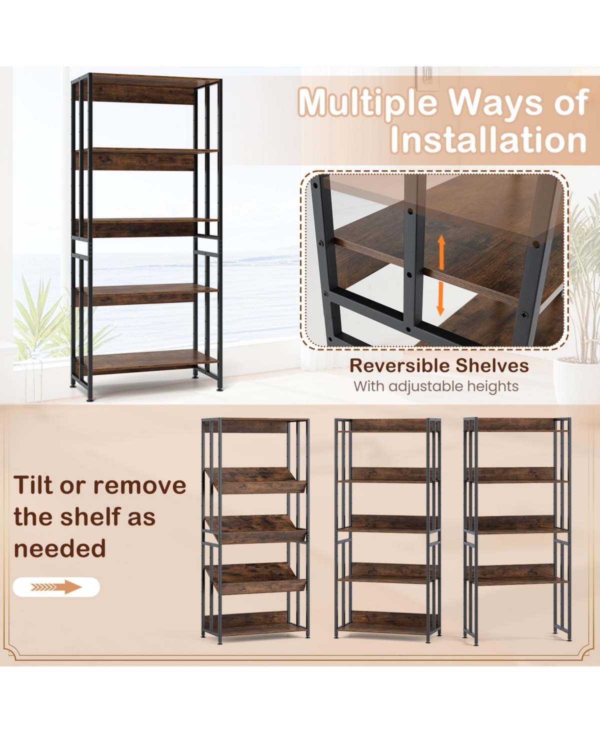 Slickblue 5-Tier Bookshelf with Adjustable and Tiltable Shelves
