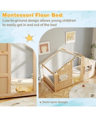 Kids Twin Floor Bed, House-Shaped Design with LED Lighting