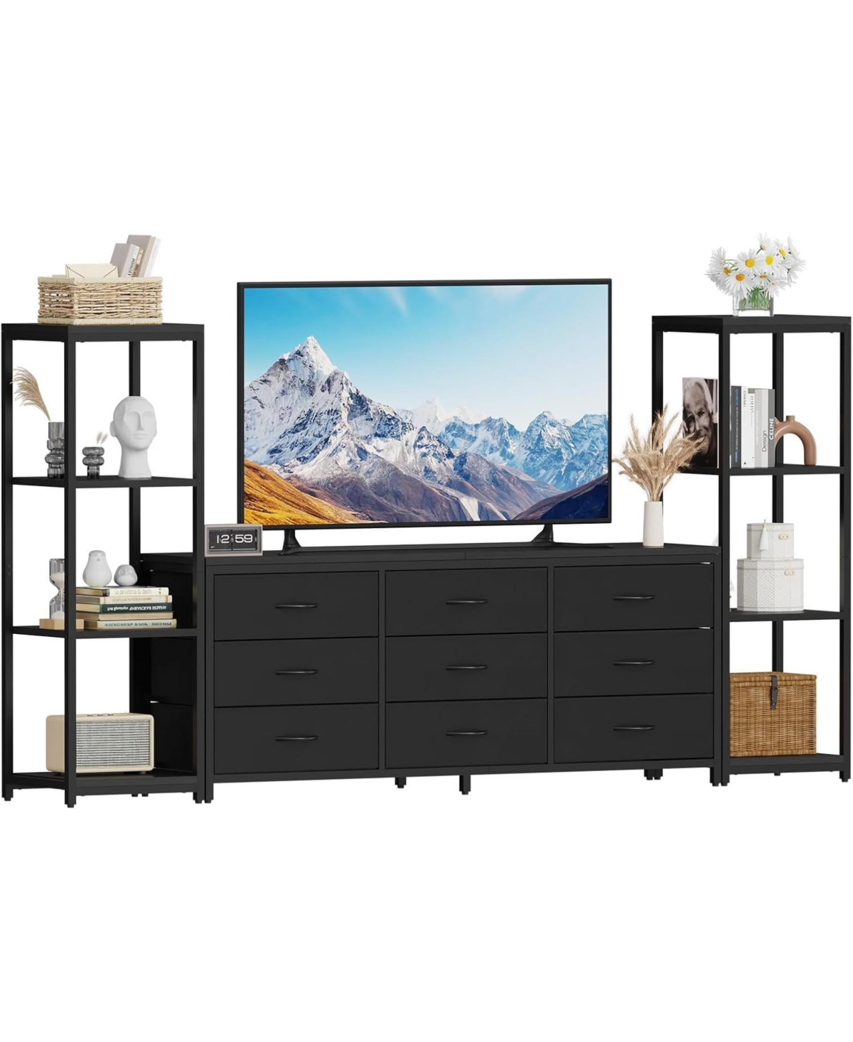 gaomon Tv Stand for Living Room Entertainment Center with 9 Fabric Dressers, for Tv Up to 75 Inches - Black