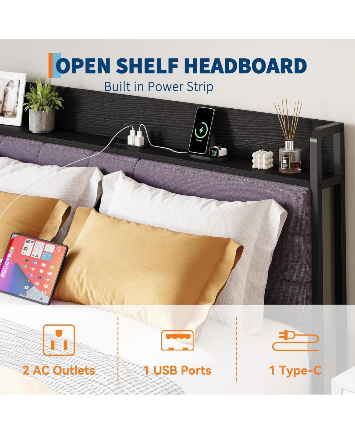 gaomon Full Bed Frame with Storage Drawers and Charging Station,Upholstered Headboard Bed with 2-Tier Storage Shelf, Metal Platform Bed Frame