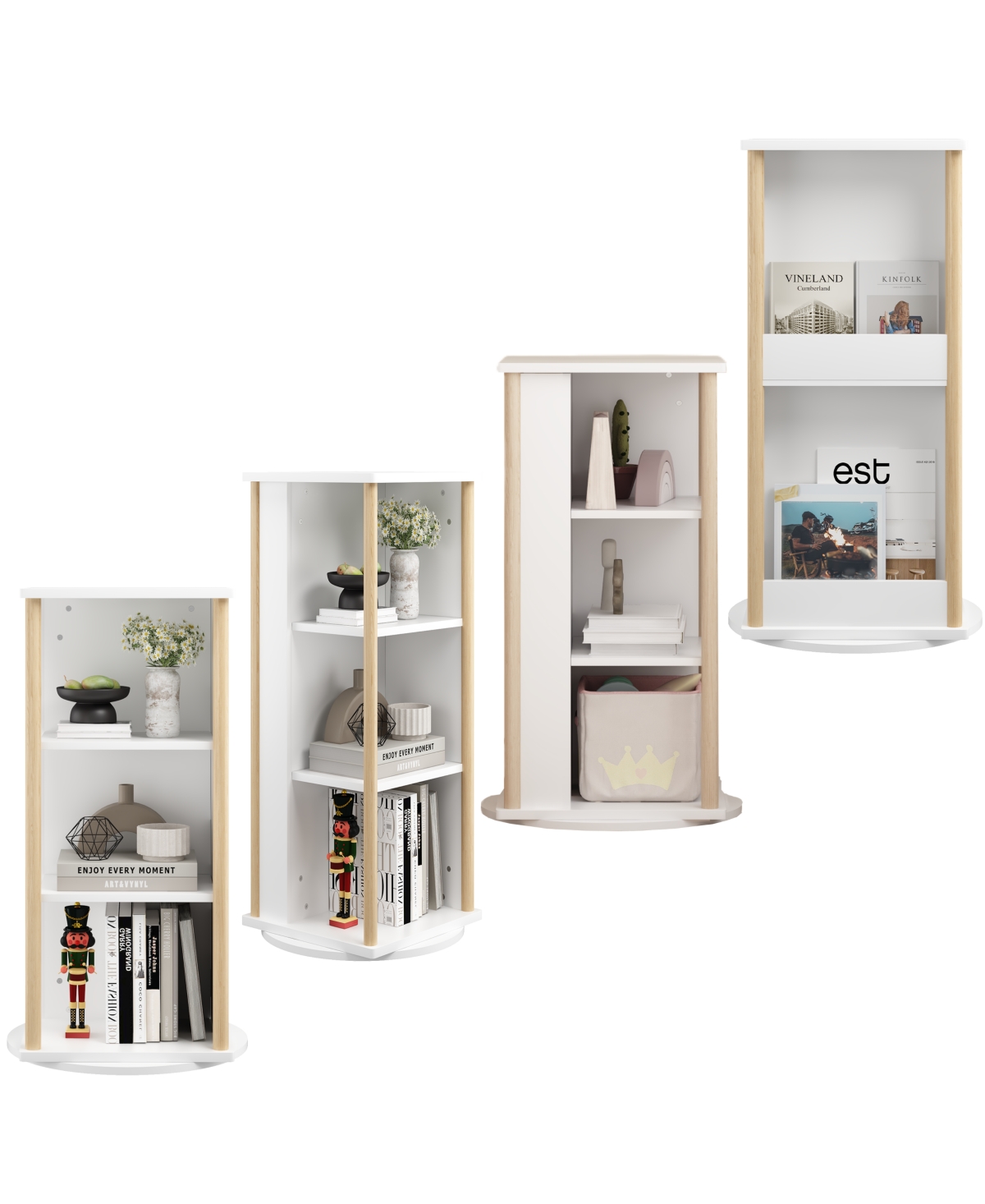 Rainsken 360° Rotating Kids Bookshelf, 3-Tier Wood Floor Bookcase with Chalkboard, Toy Storage Organizer & Book Display Stand for Nursery and Pla