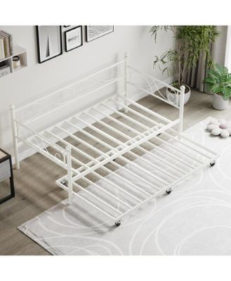 Twin Daybed with Trundle Bed, Space-Saving Metal Day Bed Frame with Floral Headboard and Heavy Duty Steel Slats