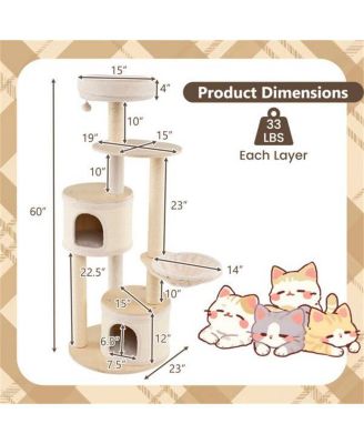Wood Cat Tree, 60-Inch Tall Multi-Level Tower with Sisal Scratching Posts & Condos, Sturdy Structure for Indoor Cats