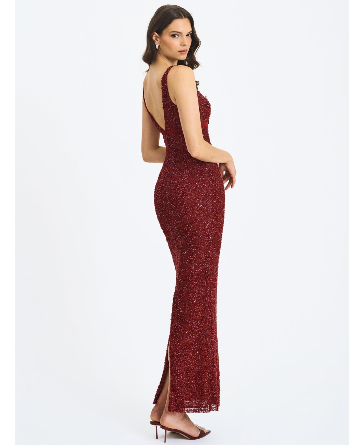 Miss Circle Women's Elora Crimson Sequin Beaded Keyhole Maxi Dress