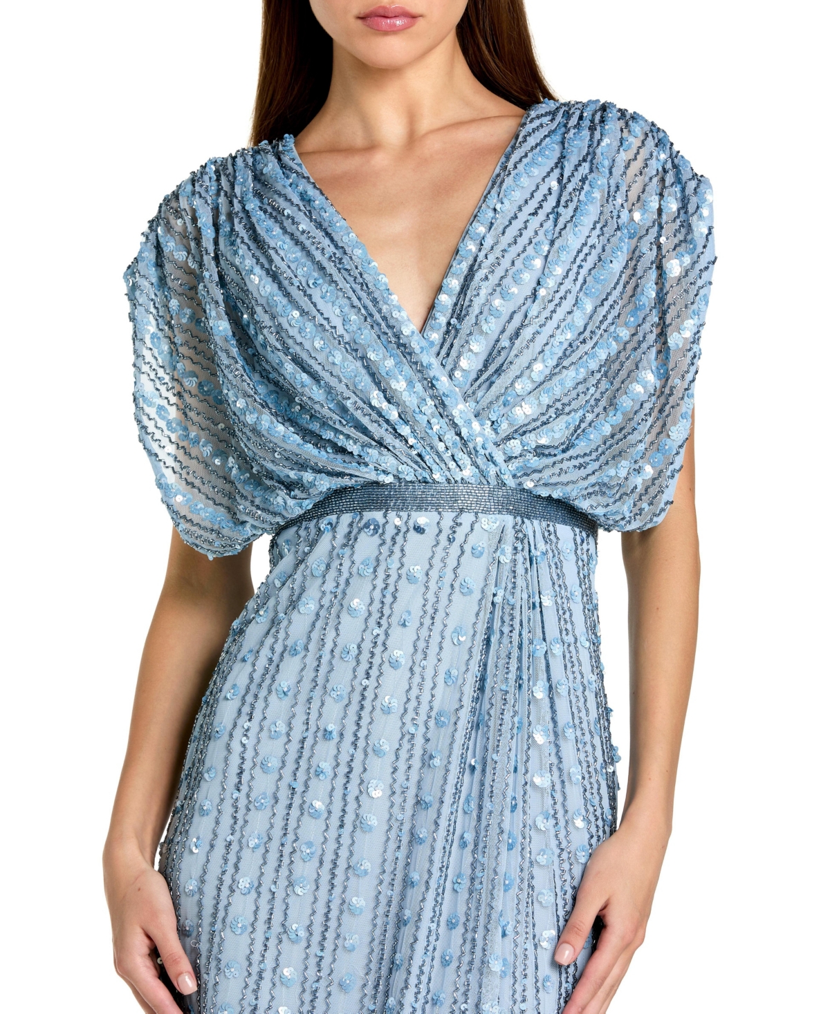 Mac Duggal Women's Beaded Mesh Blouson V Neck Column Gown