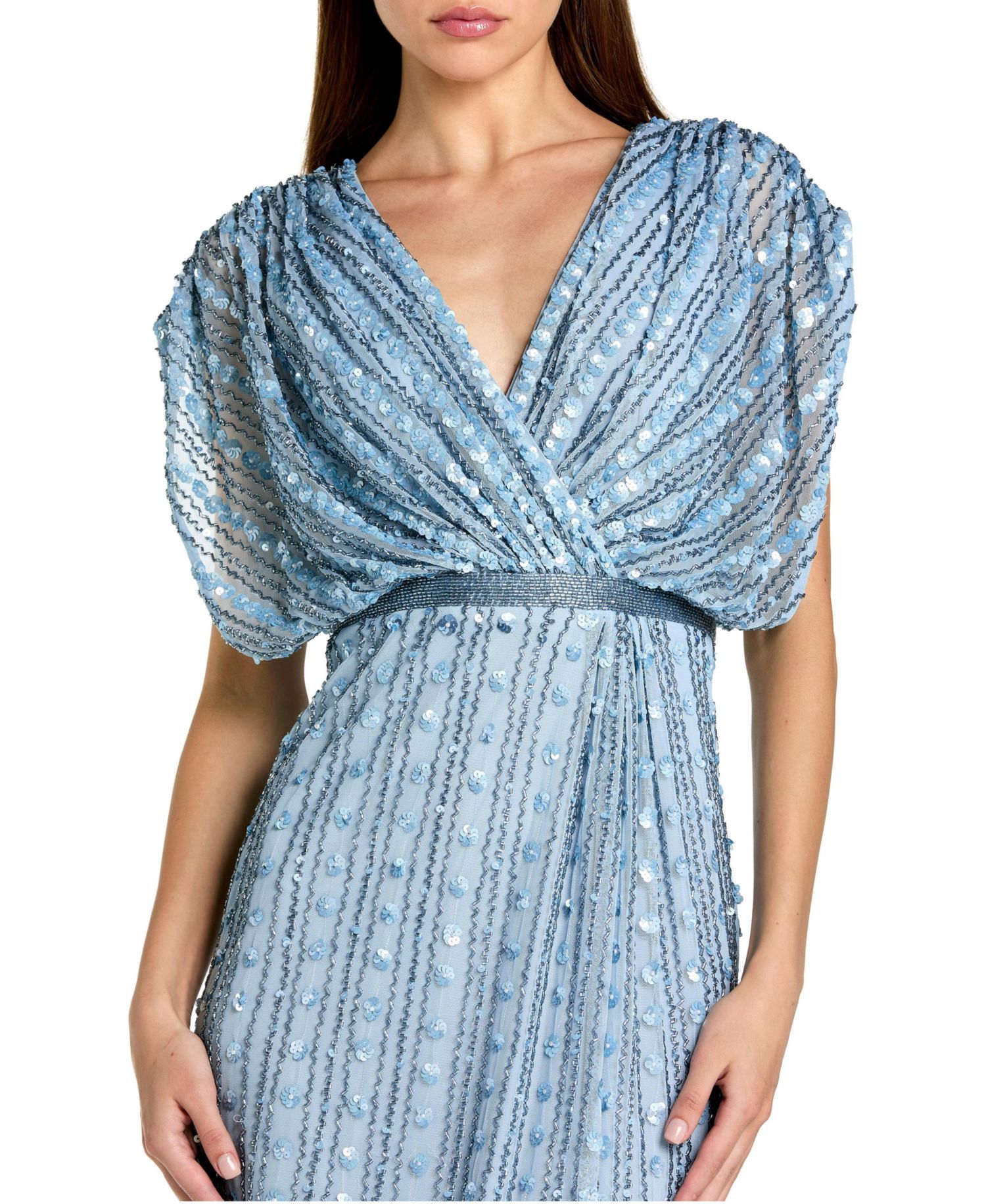 Women's Beaded Mesh Blouson V Neck Column Gown
