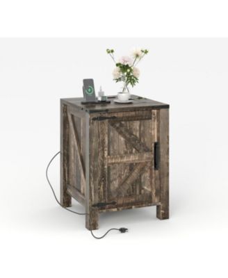 Rustic Farmhouse Nightstand with Charging Station, Barn Door & Adjustable Storage Shelf, Wooden Small Table