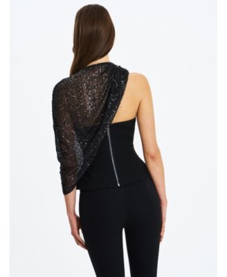 Women's Quinette Black Peplum Top with Beaded Asymmetrical Cape