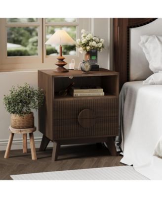 Modern Wood Nightstand with Charging Station, Fluted Bedside Table with Drawers and Shelf for Bedroom, Living Room