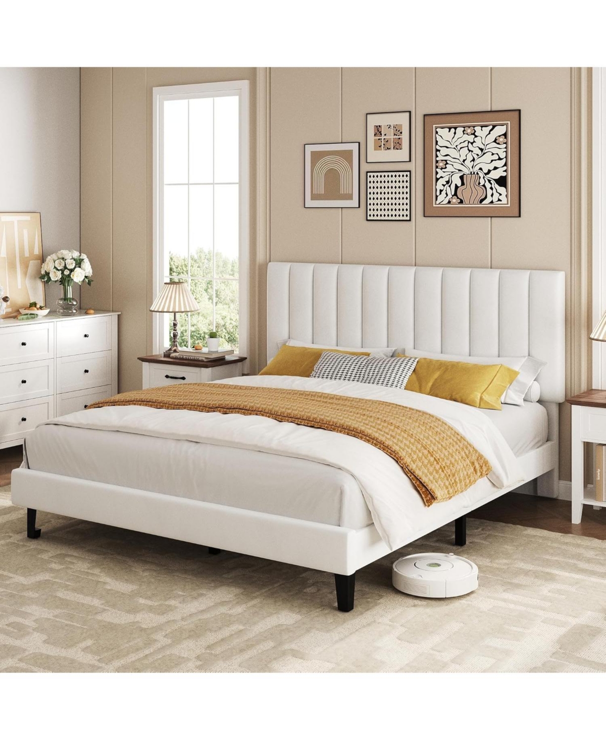 gaomon Full Size Bed Frame with Adjustable Height Headboard, Upholstered Platform Bed Frame with Vertical Channel Tufted Design