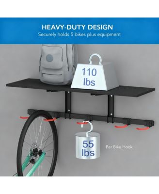 Adjustable Wall Bike Rack, Holds 5 Bikes, 110 lb Shelf, Rubber Coated Hooks, Easy Install