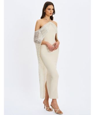 Women's Quimera Almond Beaded Cape Halter Off-Shoulder Maxi Gown