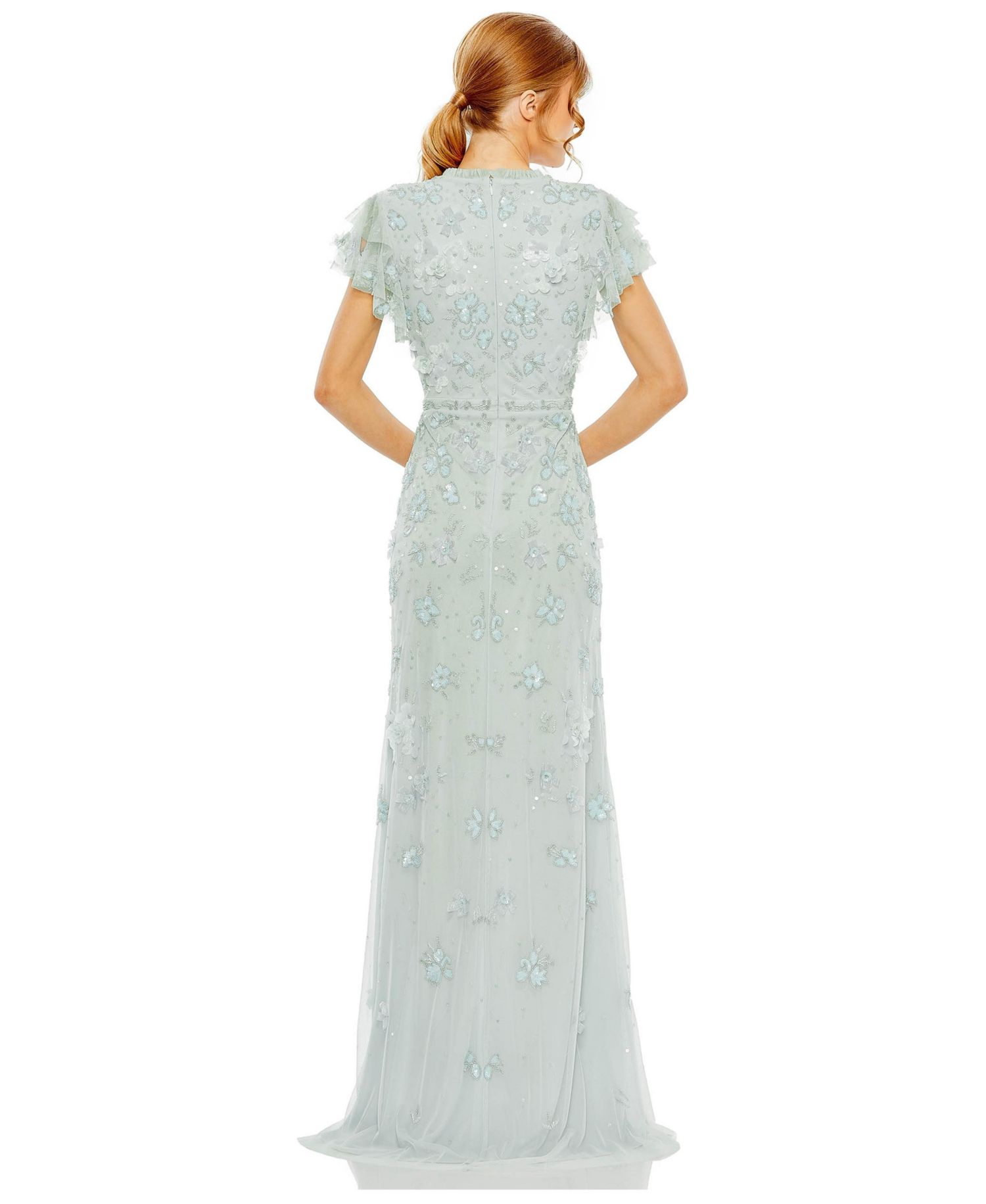 Women's Floral Embellished High Neck Flutter Sleeve Gown