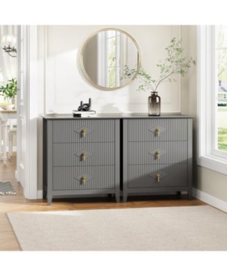 2 Piece Fluted Nightstand Set, 27.5" Wide Bedside Tables with 3 Storage Drawers & Metal Handles for Bedroom