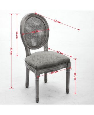 French Style Solid Wood Frame Dining Chair with Linen Fabric and Rattan Back Set of 2