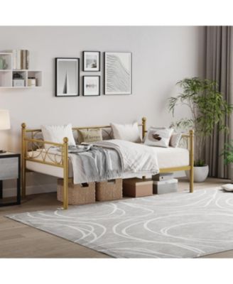 Modern Space-Saving Twin Size Metal Daybed Frame, Heavy Duty Steel Slats, Floral Headboard Sofa Bed for Living Room, Bedroom, Guest Room