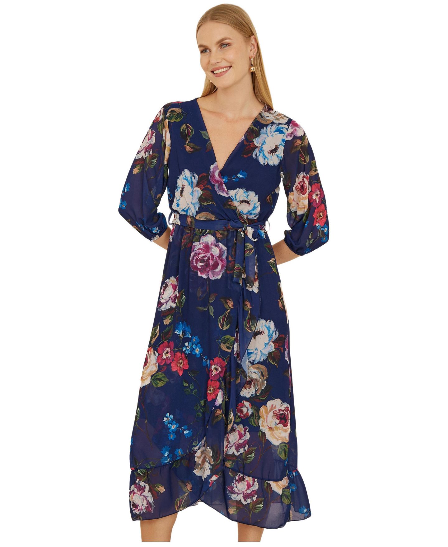 Женское платье Yumi Watercolour Dip Hem Midi Wrap, цвет: Тёмно-синий — фото 3