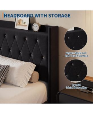 Full LED Bed Frame with Storage Shelves, Modern Upholstered Headboard, Heavy Duty Metal Slats, No Box Spring Needed, Noise Free