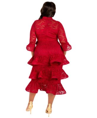 Plus Size Lace Bell Sleeve Tiered Dress