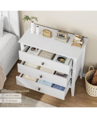 Fluted 3 Drawers Dresser Set of 2, Wide Wood Chest of Drawers, Modern Storage Dresser Chest of Drawers Organizer with Metal Legs for Bedroom