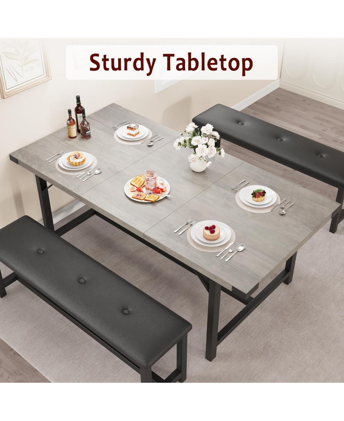 gaomon 3Pcs Dining Table Set for 4-6, 63" Extendable Thick Metal Frame Kitchen with 2 Upholstered Benches 6, Wooden Dinette